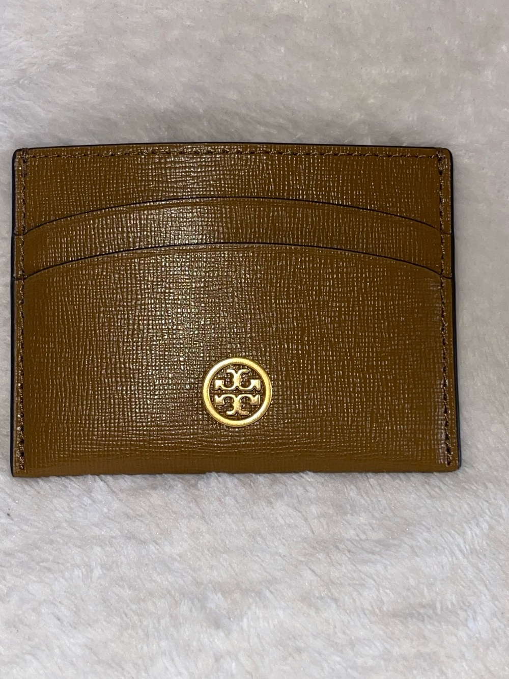 Tory Burch Caramel Brown Saffiano Leather Card Holder with Gold Logo